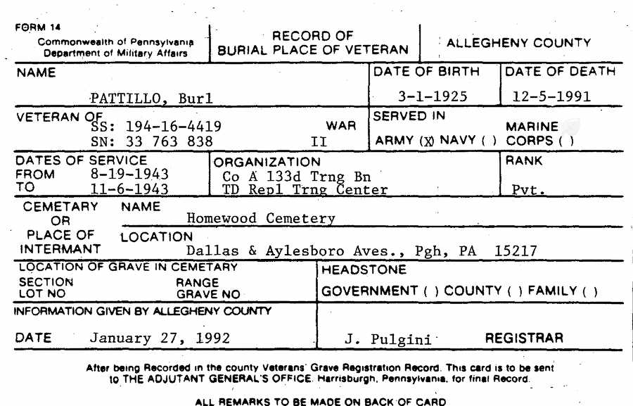 Burl Pattillo-Penn Veterans Card